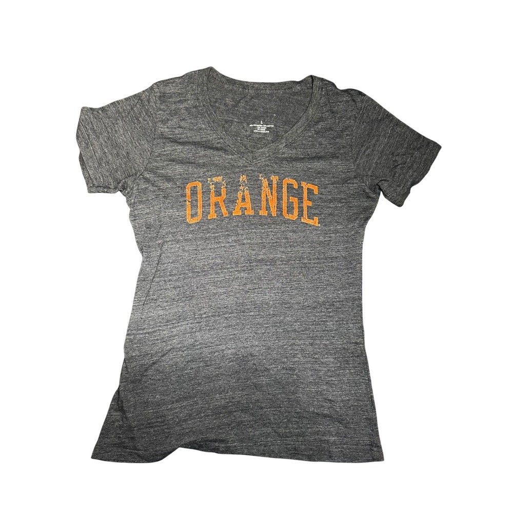 Syracuse University Orange Womens V-Neck T-Shirt Heather Grey Distressed‎ Logo L